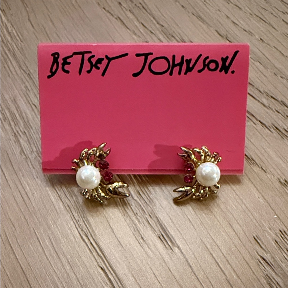 Betsey Johnson Gold Earrings with Pink and Pearl Accents